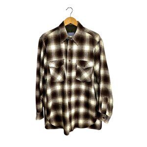 Vintage Pendleton Shadow Plaid Wool Shirt XL USA Brown Flannel Outdoorsman 70s